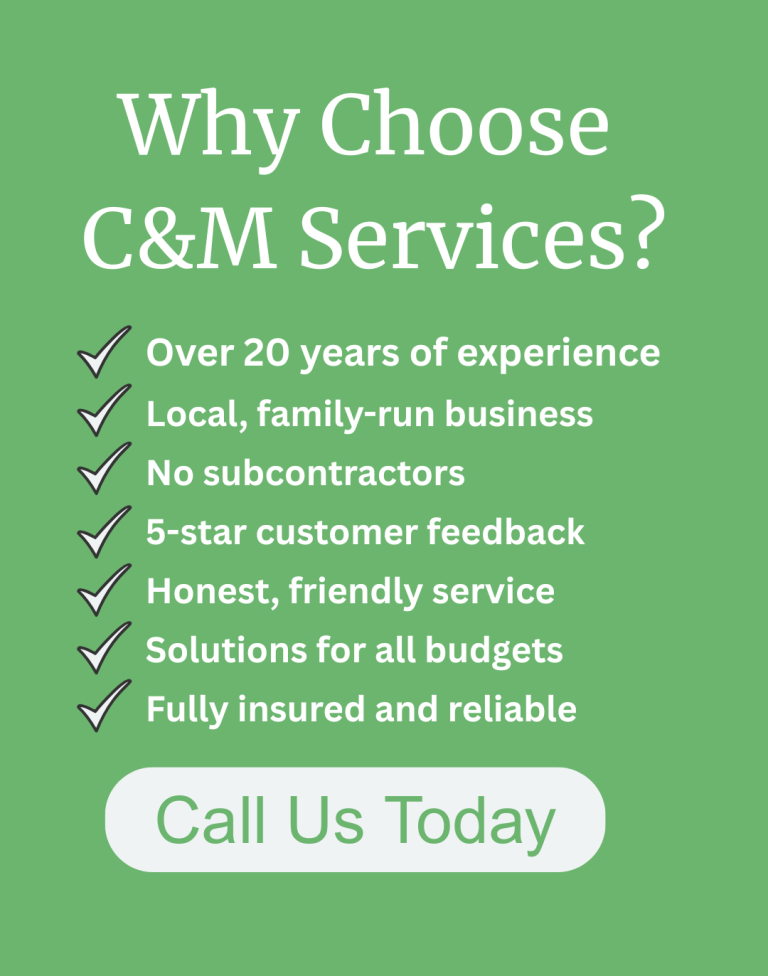 Text promoting C&M Services with key benefits and a call to action.
