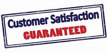 Stamp design with "Customer Satisfaction" in blue and "GUARANTEED" in red.